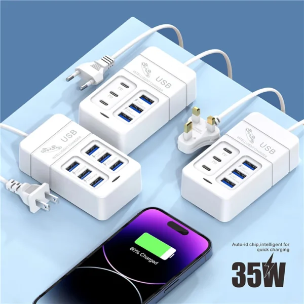 Caricatore Rapido 35W a 6 Porte - 3 USB e 3 Type-C, Caricatore da Scrivania Multifunzionale per Casa, Ufficio, Scuola e Viaggi - immagine 5