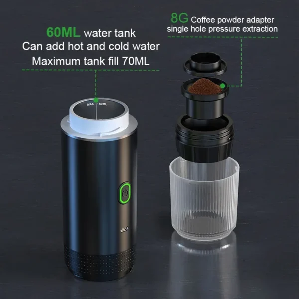 Macchina da Caffè Elettrica Portatile Senza Fili – Espresso 3-in-1 per Auto e Casa, Caffè da Viaggio con Capsule e Polvere, Ideale per Camping e Outdoor - immagine 2