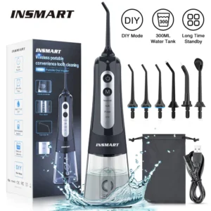 INSMART Irrigatore Orale Portatile 300ml – Flossing a Getto d’Acqua Ricaricabile USB con 4 Ugelli Intercambiabili – Pulizia Profonda dei Denti e Sbiancamento – Impermeabile IPX7 per Casa e Viaggio