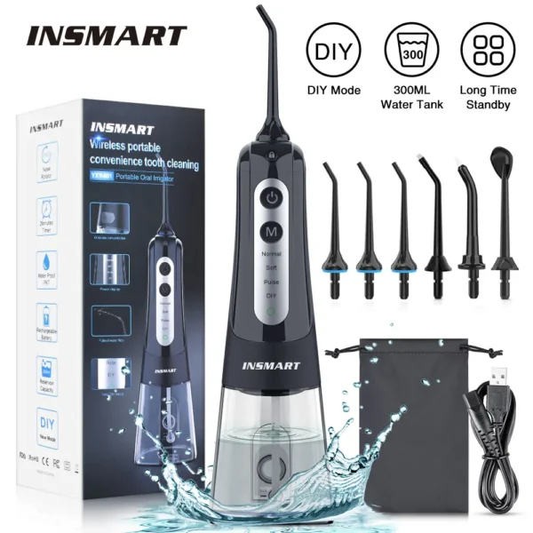 INSMART Irrigatore Orale Portatile 300ml – Flossing a Getto d’Acqua Ricaricabile USB con 4 Ugelli Intercambiabili – Pulizia Profonda dei Denti e Sbiancamento – Impermeabile IPX7 per Casa e Viaggio