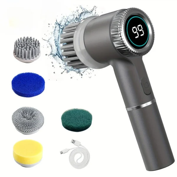 Spazzola Elettrica 5 in 1 Multifunzionale per Pulizia – Brush Elettrica Portatile per Cucina, Bagno e WC, 5 Testine Intercambiabili, Display LED, Spazzola Potente per Pulizia Profonda - immagine 9