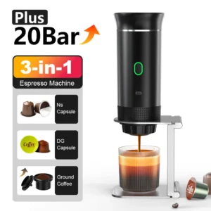 Macchina da Caffè Elettrica Portatile Senza Fili – Espresso 3-in-1 per Auto e Casa, Caffè da Viaggio con Capsule e Polvere, Ideale per Camping e Outdoor