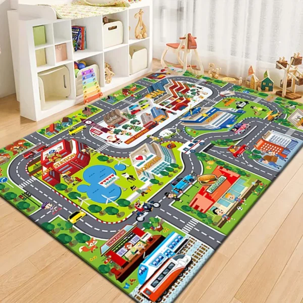 Tappeto Gioco per Bambini VIKAMA – Tappeto Cartoon Antiscivolo con Strade, Parcheggi e Città – Tappeto Ludico per Cameretta, Salotto, Asilo (Runway Parking Mat) - immagine 5