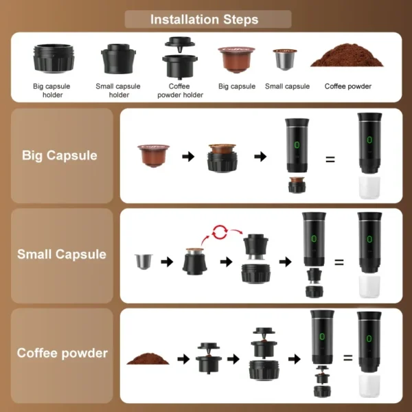 Macchina da Caffè Elettrica Portatile Senza Fili – Espresso 3-in-1 per Auto e Casa, Caffè da Viaggio con Capsule e Polvere, Ideale per Camping e Outdoor - immagine 4