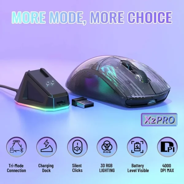 ATTACK SHARK X2 Pro – Mouse Gaming Wireless Tripla Modalità con Guscio Trasparente - immagine 4