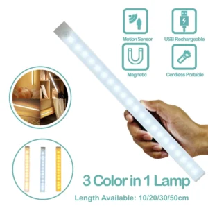 Luce Notturna LED a Sensore di Movimento Ricaricabile USB-C – Lampada Induzione Wireless per Armadio, Comodino, Specchio, Mobile, Strip LED Portatile