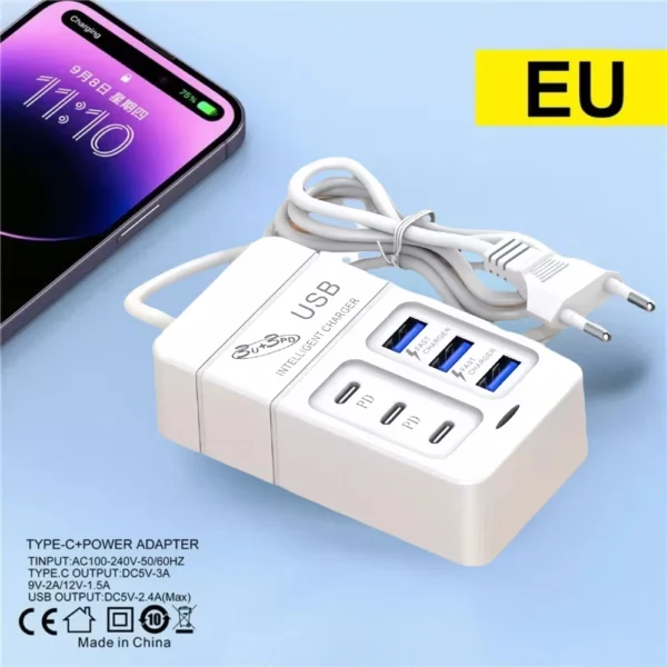 Caricatore Rapido 35W a 6 Porte - 3 USB e 3 Type-C, Caricatore da Scrivania Multifunzionale per Casa, Ufficio, Scuola e Viaggi - immagine 9
