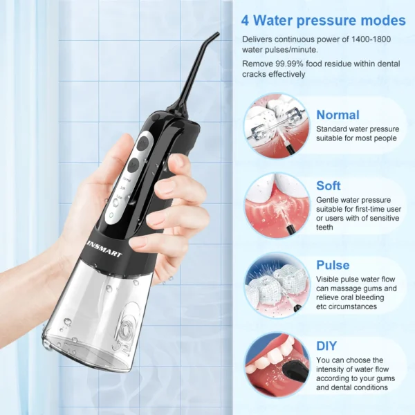 INSMART Irrigatore Orale Portatile 300ml – Flossing a Getto d’Acqua Ricaricabile USB con 4 Ugelli Intercambiabili – Pulizia Profonda dei Denti e Sbiancamento – Impermeabile IPX7 per Casa e Viaggio - immagine 2