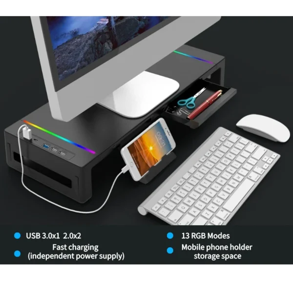 Supporto Monitor Multifunzione con Luci RGB – Riser da Scrivania per PC e Laptop con Interfaccia di Ricarica Rapida, Base Regolabile con Design Ergonomico