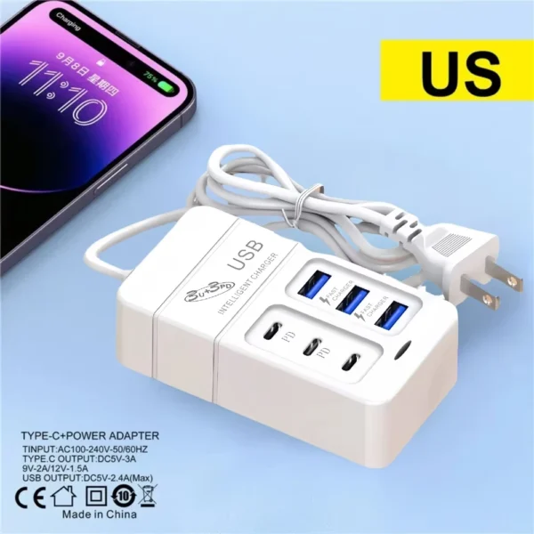 Caricatore Rapido 35W a 6 Porte - 3 USB e 3 Type-C, Caricatore da Scrivania Multifunzionale per Casa, Ufficio, Scuola e Viaggi - immagine 7
