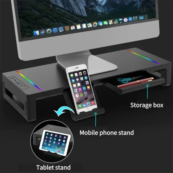 Supporto Monitor Multifunzione con Luci RGB – Riser da Scrivania per PC e Laptop con Interfaccia di Ricarica Rapida, Base Regolabile con Design Ergonomico - immagine 4