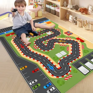 Tappeto Gioco per Bambini VIKAMA – Tappeto Cartoon Antiscivolo con Strade, Parcheggi e Città – Tappeto Ludico per Cameretta, Salotto, Asilo (Runway Parking Mat)