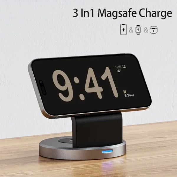 Caricatore Wireless Magnetico 3 in 1 per iPhone 15 14 13 12 Pro Max, Apple Watch, AirPods – Dock di Ricarica Rapida con Supporto MagSafe