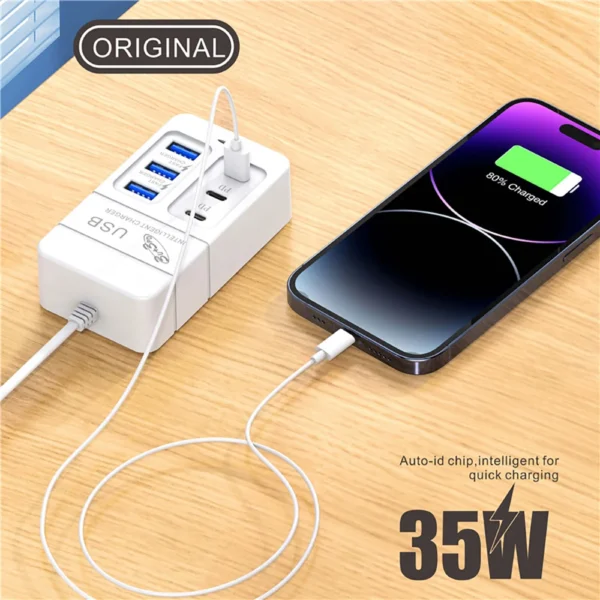 Caricatore Rapido 35W a 6 Porte - 3 USB e 3 Type-C, Caricatore da Scrivania Multifunzionale per Casa, Ufficio, Scuola e Viaggi - immagine 4
