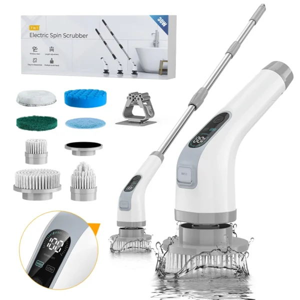 Spazzola Elettrica Senza Fili, Spazzola Manuale per Pulizia Doccia, 7 Teste Intercambiabili, Spazzola Rotante Multifunzionale per Bagno e Cucina - immagine 9