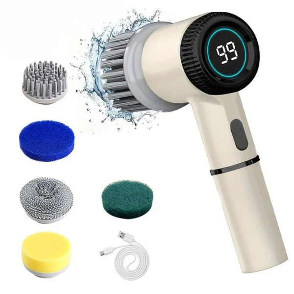 Spazzola Elettrica 5 in 1 Multifunzionale per Pulizia – Brush Elettrica Portatile per Cucina, Bagno e WC, 5 Testine Intercambiabili, Display LED, Spazzola Potente per Pulizia Profonda - immagine 8