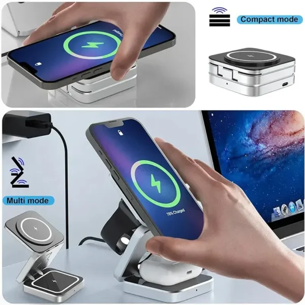 Caricatore Wireless Magnetico 3 in 1 per iPhone - Stazione di Ricarica Rapida MagSafe Compatibile, Base Stand All-in-One - immagine 5