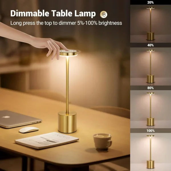 Lampada da Tavolo Touch LED Ricaricabile – Luce Notturna in Metallo con 3 Tonalità, Dimmerabile, Portatile – Lampada da Comodino per Camera, Esterni, Decorazione Moderna - immagine 3