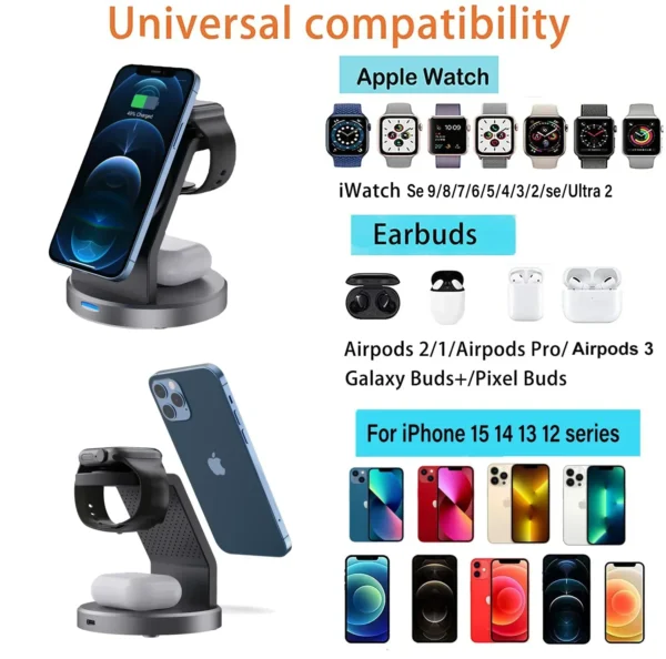 Caricatore Wireless Magnetico 3 in 1 per iPhone 15 14 13 12 Pro Max, Apple Watch, AirPods – Dock di Ricarica Rapida con Supporto MagSafe - immagine 6