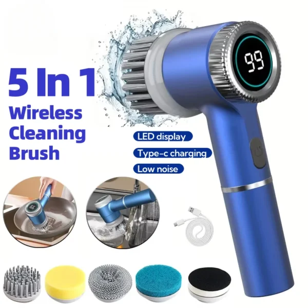Spazzola Elettrica 5 in 1 Multifunzionale per Pulizia – Brush Elettrica Portatile per Cucina, Bagno e WC, 5 Testine Intercambiabili, Display LED, Spazzola Potente per Pulizia Profonda