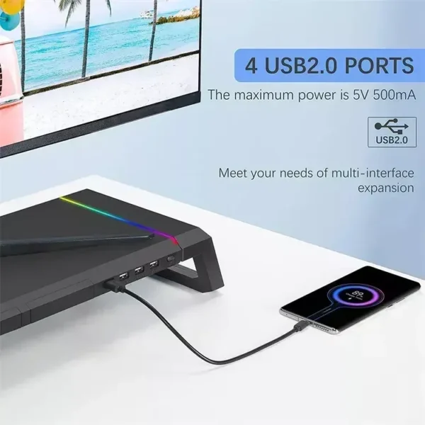 Supporto Monitor in Alluminio con 4 Porte USB – Riser da Scrivania con Hub USB 3.0 – Design Elegante e Funzionale - immagine 3