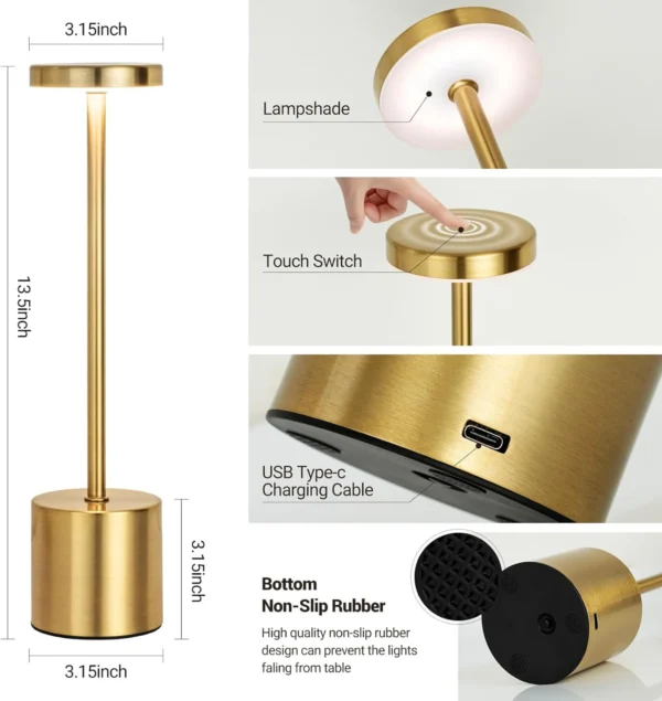Lampada da Tavolo Touch LED Ricaricabile – Luce Notturna in Metallo con 3 Tonalità, Dimmerabile, Portatile – Lampada da Comodino per Camera, Esterni, Decorazione Moderna - immagine 4