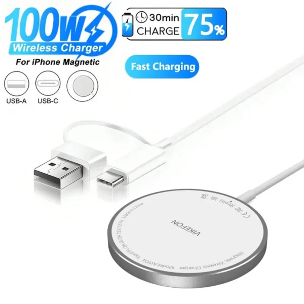 Caricatore Wireless Magnetico 100W USB + Type-C – Compatibile MagSafe – Base di Ricarica Rapida Universale