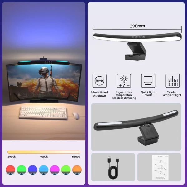 Lampada LED USB da Monitor con Dimmerazione Continua – Barra Luminosa a Sospensione per Schermo Curvo - immagine 12
