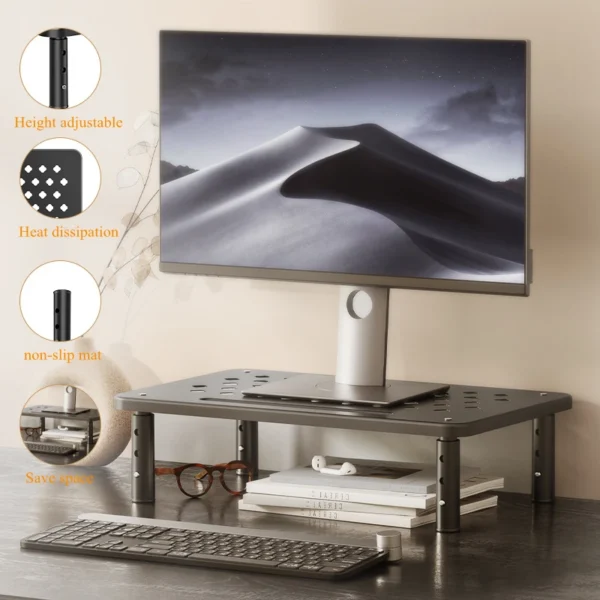 Supporto Monitor Regolabile Estensibile – Base Elevata per Ufficio con Spazio Organizer, Riduce il Dolore al Collo - immagine 3