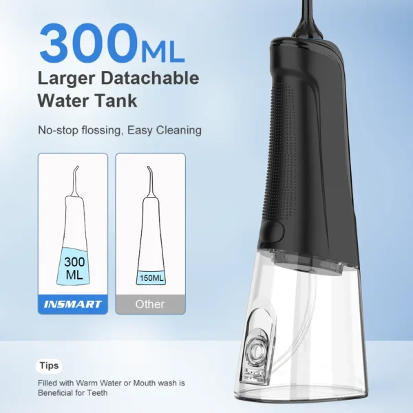 INSMART Irrigatore Orale Portatile 300ml – Flossing a Getto d’Acqua Ricaricabile USB con 4 Ugelli Intercambiabili – Pulizia Profonda dei Denti e Sbiancamento – Impermeabile IPX7 per Casa e Viaggio - immagine 5
