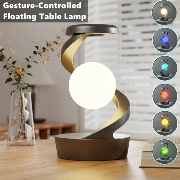 Lampada da Tavolo Creativa con Ricarica Wireless 15W – Lampada Galleggiante Rotante RGB con Atmosfera Notturna – Stazione di Ricarica Wireless per Smartphone