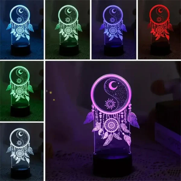 Lampada 3D Dream Catcher – Luce Notturna LED con Effetto Illusione Ottica, 7 Colori Touch – Decorazione per Camera da Letto e Regalo Spirituale - immagine 2
