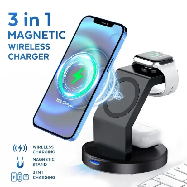 Caricatore Wireless Magnetico 3 in 1 per iPhone 15 14 13 12 Pro Max, Apple Watch, AirPods – Dock di Ricarica Rapida con Supporto MagSafe - immagine 2
