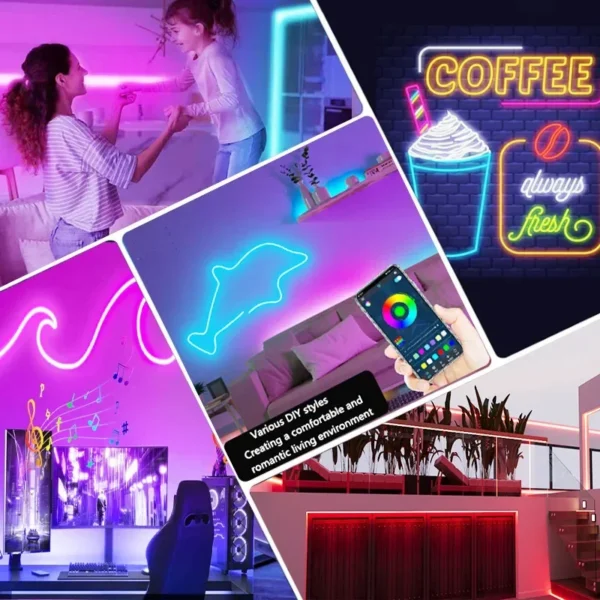 Striscia LED Neon RGB Flessibile IP65 Impermeabile – 1/2/3/5 Metri, USB, Controllo via App Tuya e Telecomando, Luci Decorative per Casa - immagine 6