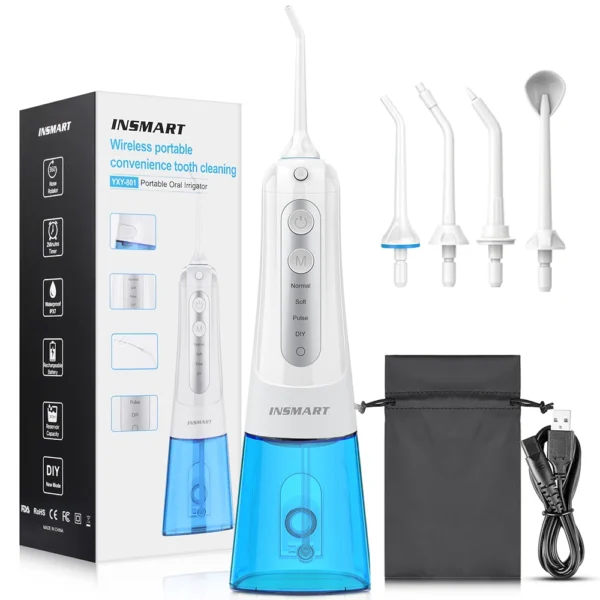 INSMART Irrigatore Orale Portatile 300ml – Flossing a Getto d’Acqua Ricaricabile USB con 4 Ugelli Intercambiabili – Pulizia Profonda dei Denti e Sbiancamento – Impermeabile IPX7 per Casa e Viaggio - immagine 9
