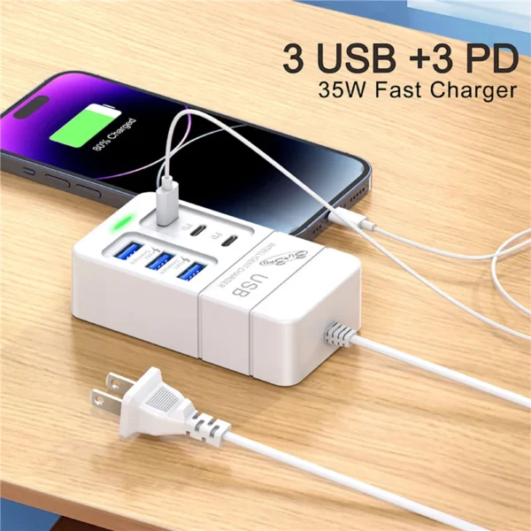 Caricatore Rapido 35W a 6 Porte - 3 USB e 3 Type-C, Caricatore da Scrivania Multifunzionale per Casa, Ufficio, Scuola e Viaggi - immagine 3