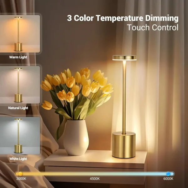 Lampada da Tavolo Touch LED Ricaricabile – Luce Notturna in Metallo con 3 Tonalità, Dimmerabile, Portatile – Lampada da Comodino per Camera, Esterni, Decorazione Moderna - immagine 2