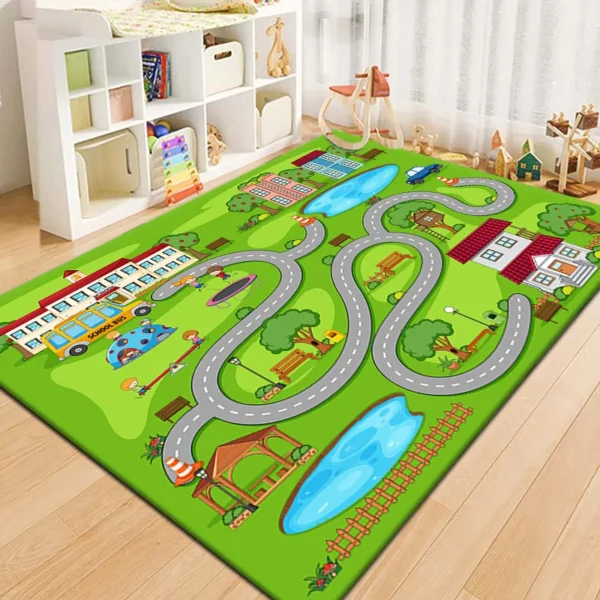 Tappeto Gioco per Bambini VIKAMA – Tappeto Cartoon Antiscivolo con Strade, Parcheggi e Città – Tappeto Ludico per Cameretta, Salotto, Asilo (Runway Parking Mat) - immagine 2