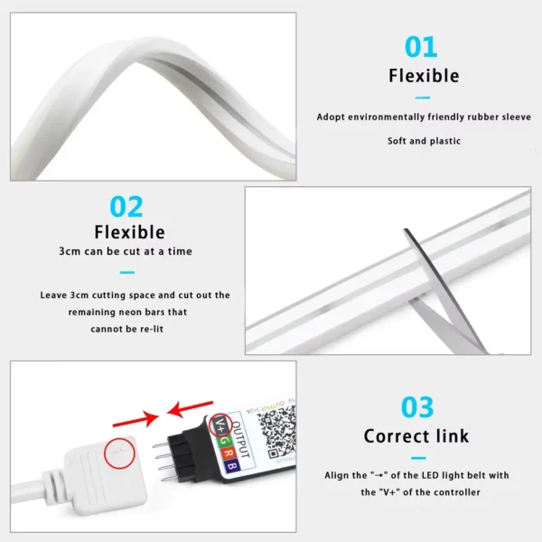 Striscia LED Neon RGB Flessibile IP65 Impermeabile – 1/2/3/5 Metri, USB, Controllo via App Tuya e Telecomando, Luci Decorative per Casa - immagine 5