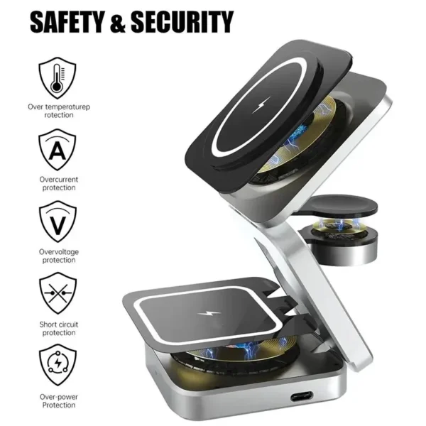 Caricatore Wireless Magnetico 3 in 1 per iPhone - Stazione di Ricarica Rapida MagSafe Compatibile, Base Stand All-in-One - immagine 4