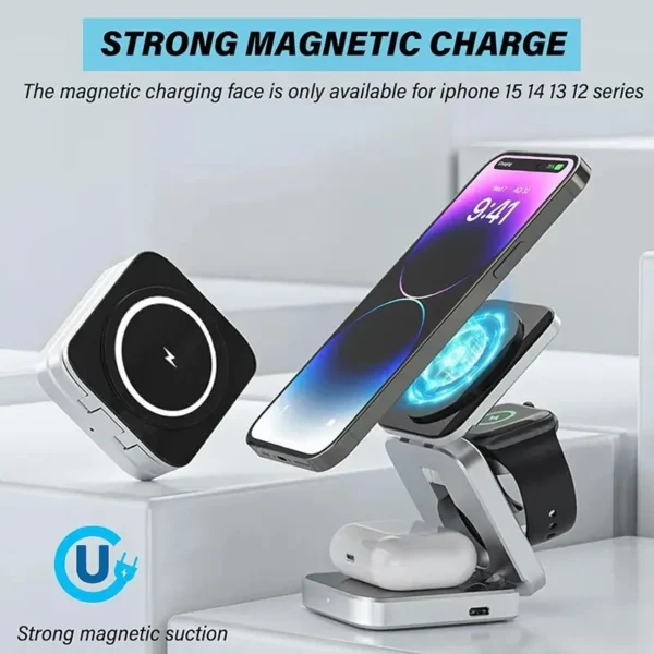 Caricatore Wireless Magnetico 3 in 1 per iPhone - Stazione di Ricarica Rapida MagSafe Compatibile, Base Stand All-in-One - immagine 2