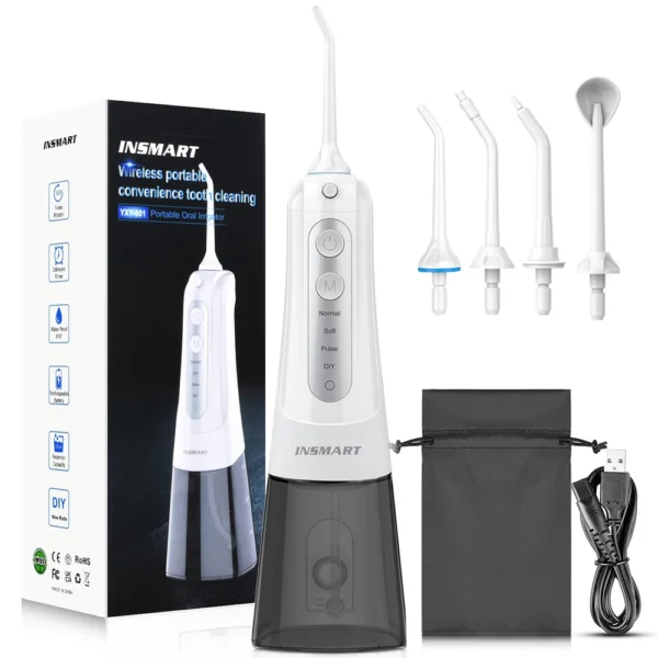 INSMART Irrigatore Orale Portatile 300ml – Flossing a Getto d’Acqua Ricaricabile USB con 4 Ugelli Intercambiabili – Pulizia Profonda dei Denti e Sbiancamento – Impermeabile IPX7 per Casa e Viaggio - immagine 8
