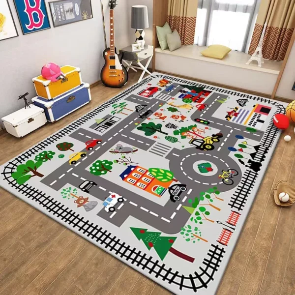 Tappeto Gioco per Bambini VIKAMA – Tappeto Cartoon Antiscivolo con Strade, Parcheggi e Città – Tappeto Ludico per Cameretta, Salotto, Asilo (Runway Parking Mat) - immagine 6