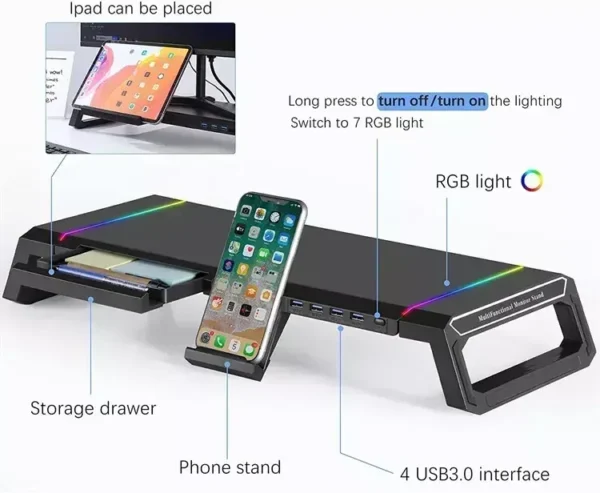 Supporto Monitor in Alluminio con 4 Porte USB – Riser da Scrivania con Hub USB 3.0 – Design Elegante e Funzionale - immagine 4
