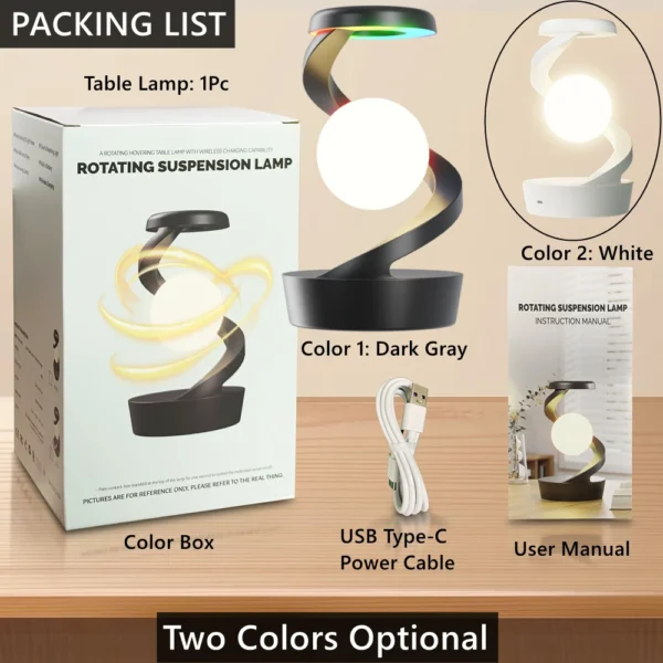 Lampada da Tavolo Creativa con Ricarica Wireless 15W – Lampada Galleggiante Rotante RGB con Atmosfera Notturna – Stazione di Ricarica Wireless per Smartphone - immagine 6