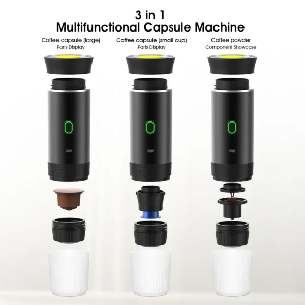 Macchina da Caffè Elettrica Portatile Senza Fili – Espresso 3-in-1 per Auto e Casa, Caffè da Viaggio con Capsule e Polvere, Ideale per Camping e Outdoor - immagine 5