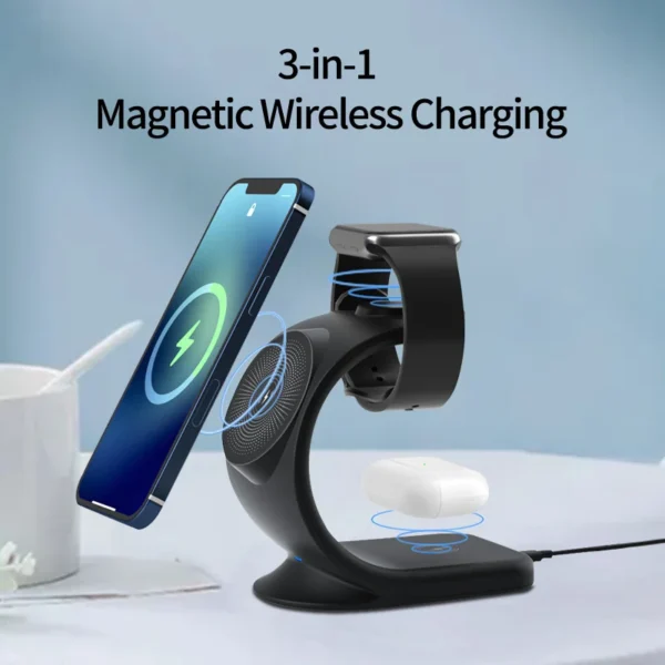 Caricatore Wireless Magnetico 3 in 1 – Stazione di Ricarica Rapida 15W – Supporto Magnetico da Tavolo per iPhone con Funzione Bracket - immagine 4
