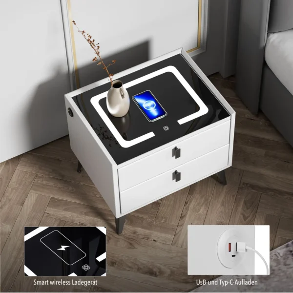 Oyajia Comodino Smart con Ricarica Wireless – Tavolino da Notte con LED, 2 Cassetti, USB, Bluetooth e Luce Ambiente – Comodino Moderno per Camera da Letto o Salotto - immagine 5