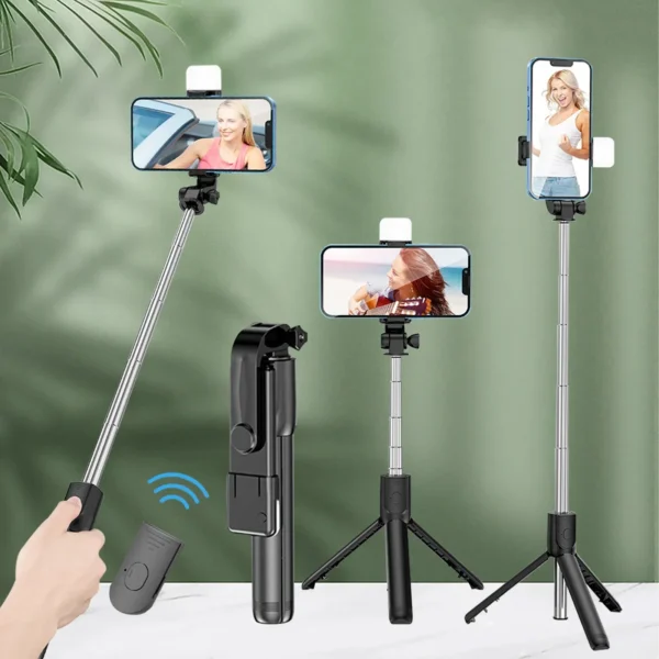 Bluetooth Remote Extendable Phone Tripod - Wireless Selfie Stick Tripod Stand per iPhone 15, Samsung, TikTok Live Streaming, Supporto Regolabile con Telecomando Bluetooth