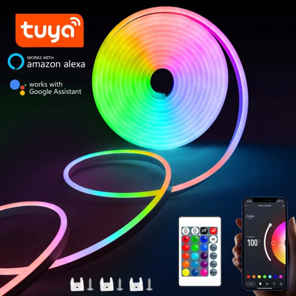 Striscia LED Neon RGB Flessibile IP65 Impermeabile – 1/2/3/5 Metri, USB, Controllo via App Tuya e Telecomando, Luci Decorative per Casa